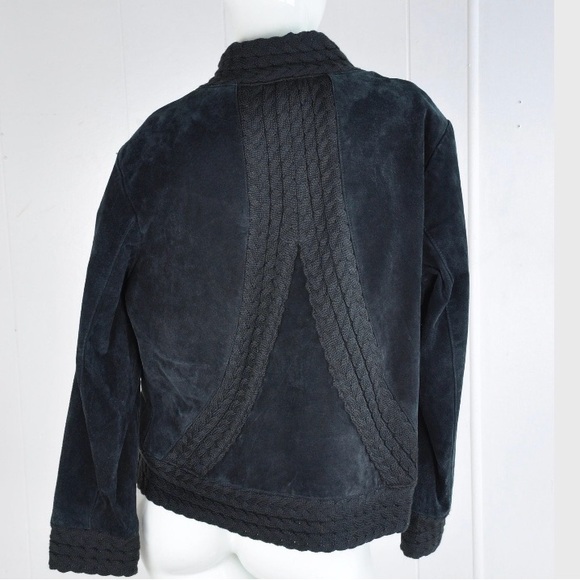 Coldwater Creek Black suede leather coat jacket size L Cable Knit  Accents - Picture 3 of 7
